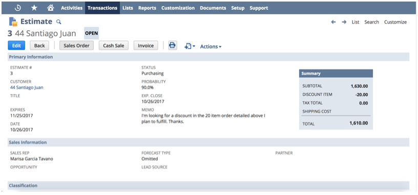 Estimate in NetSuite for request a quote
